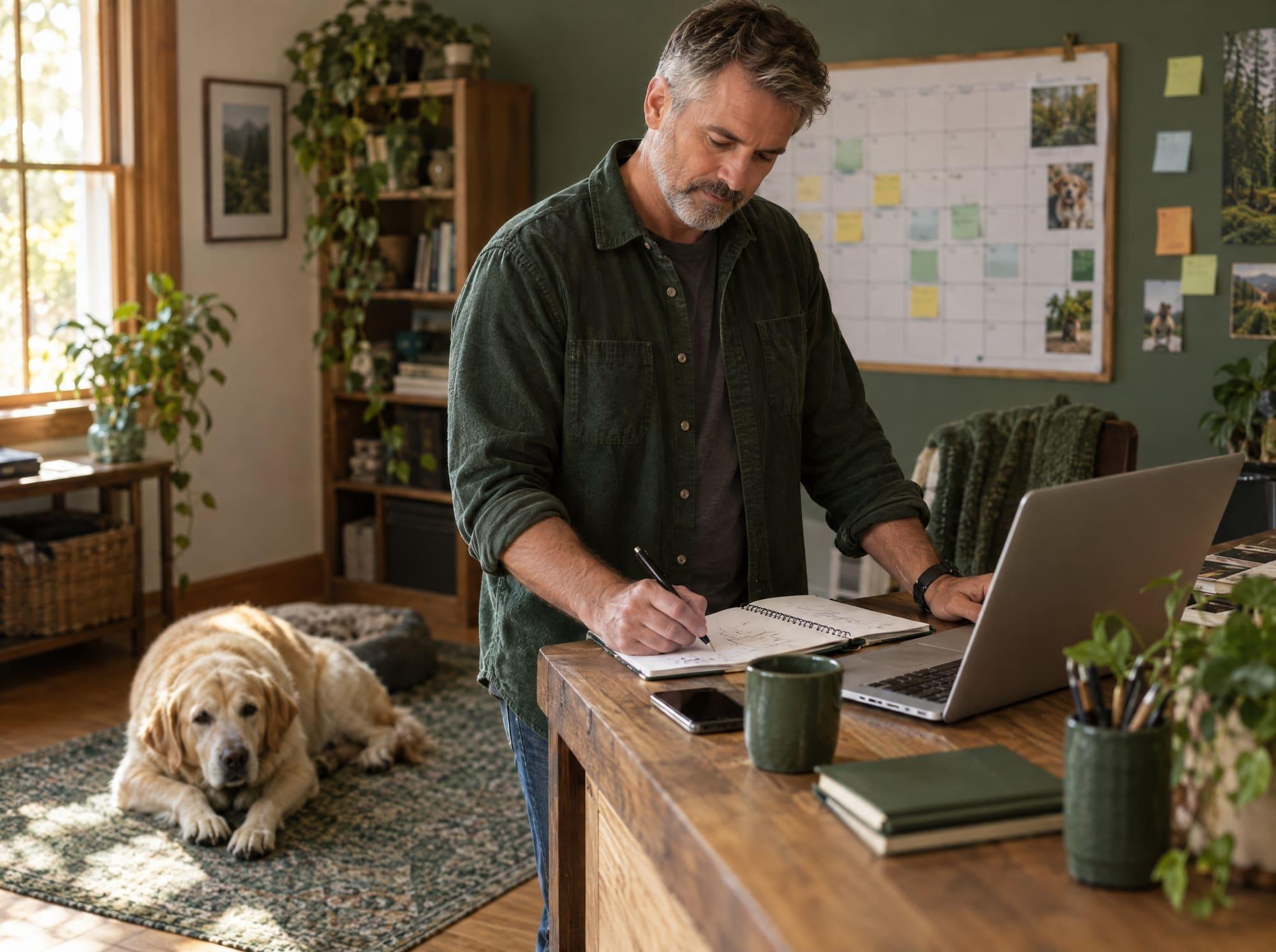 A pet sitting company owner planning the week at his desk, an old labrador on the rug