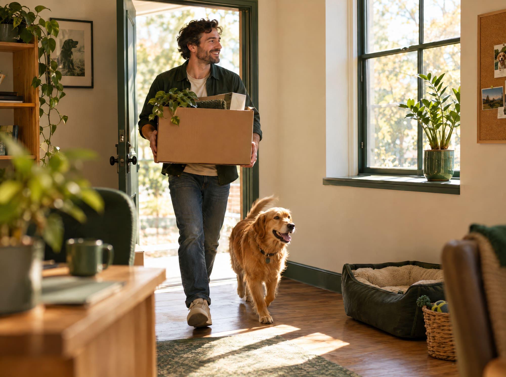 A business owner carrying a box into a new office, his dog trotting alongside