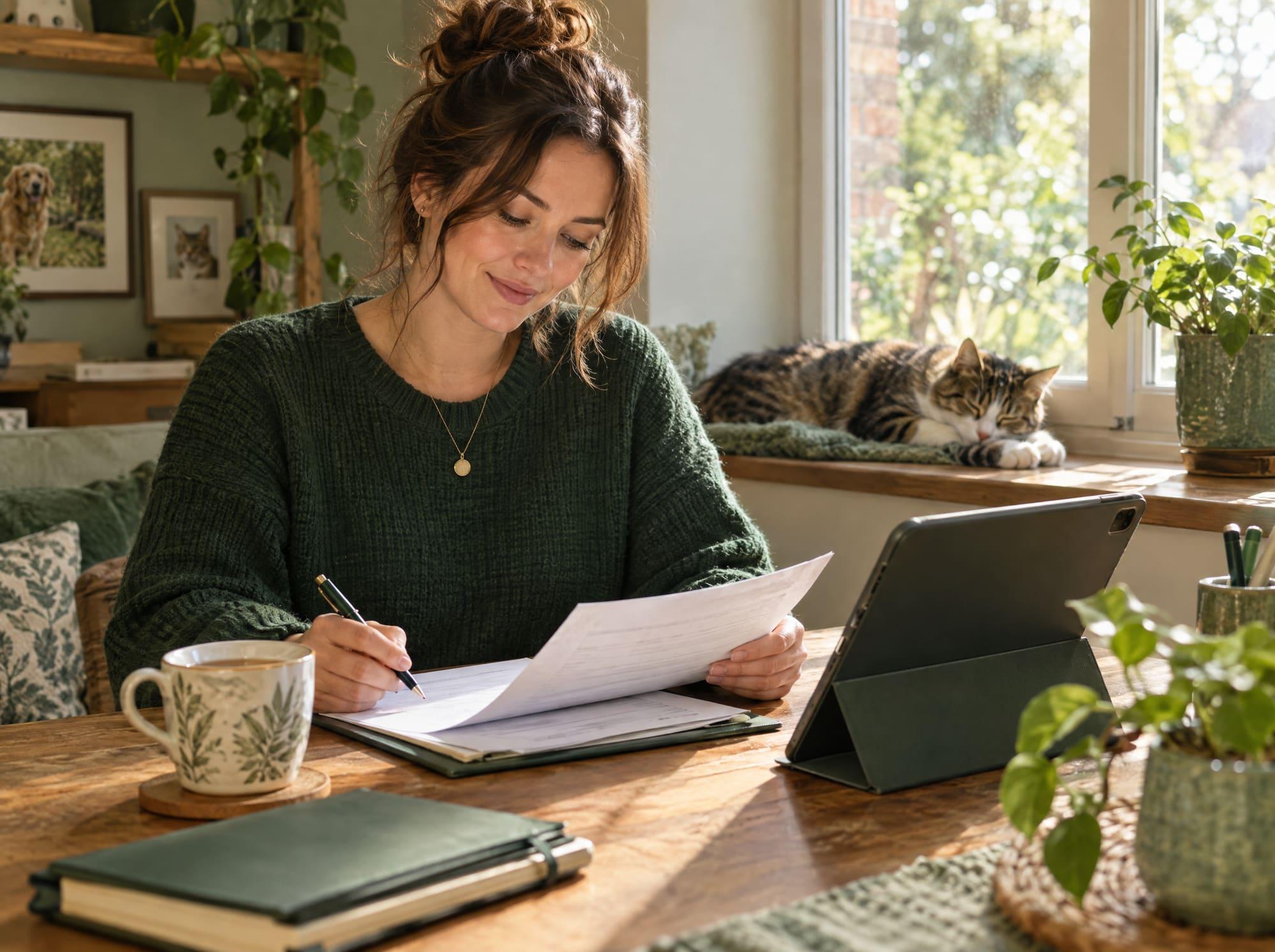 A business owner reviewing paperwork at home, a cat asleep on the windowsill