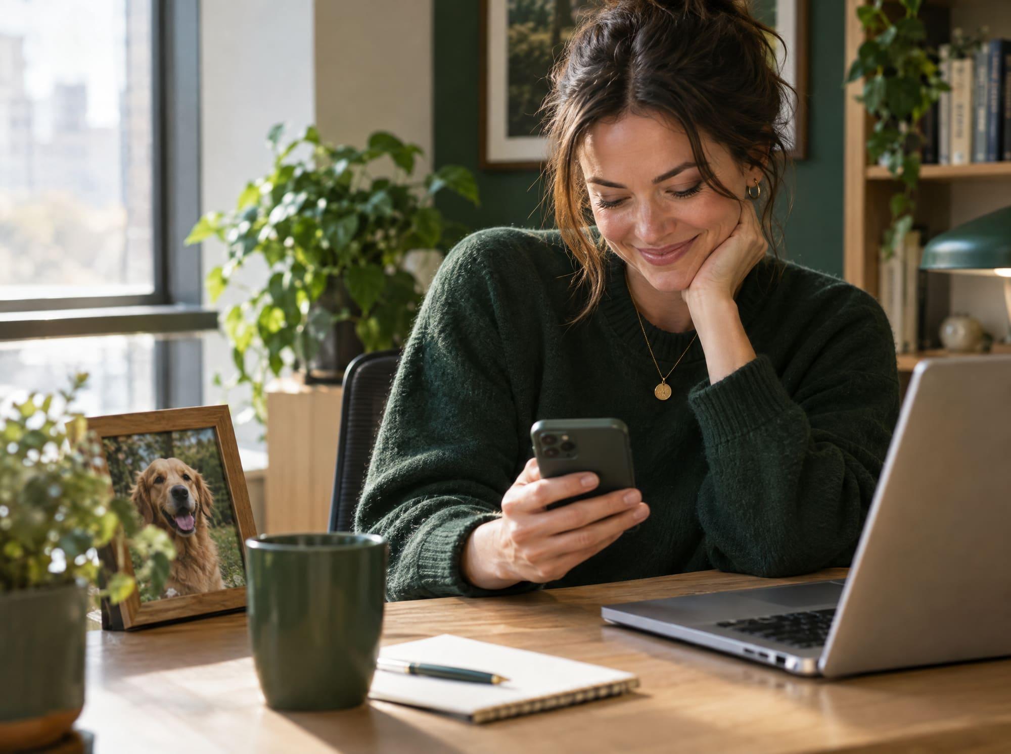 A pet parent at work smiling at an update on her phone