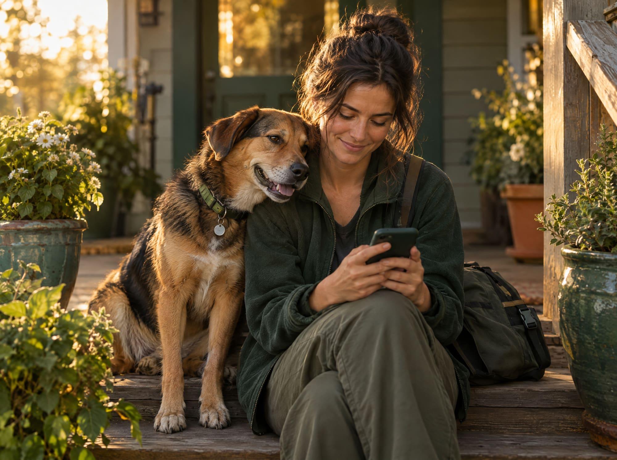 A sitter on porch steps writing a visit note, a dog leaning on her shoulder