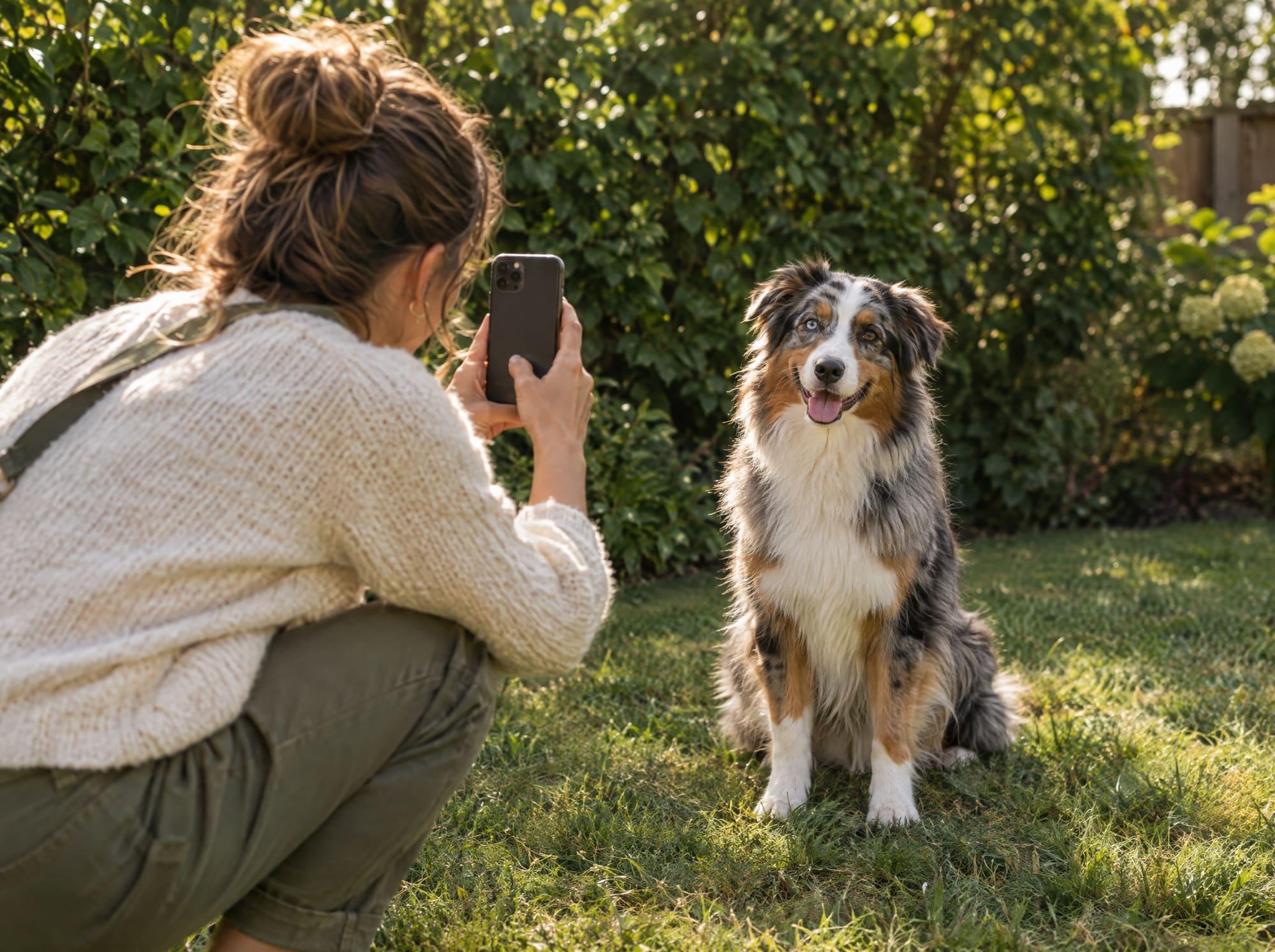 A sitter photographing an Australian shepherd for a visit report