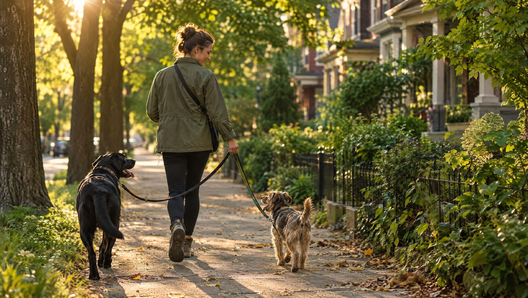 A dog walker with two dogs on a tree-lined street in golden hour
